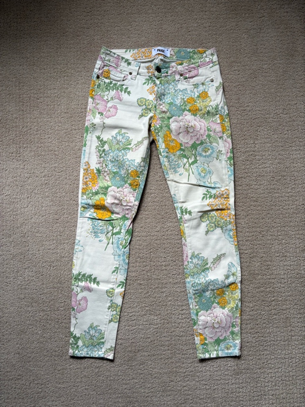 PAIGE Verdugo Cream Floral Skinny Jeans with Pastel Blooms Size 26